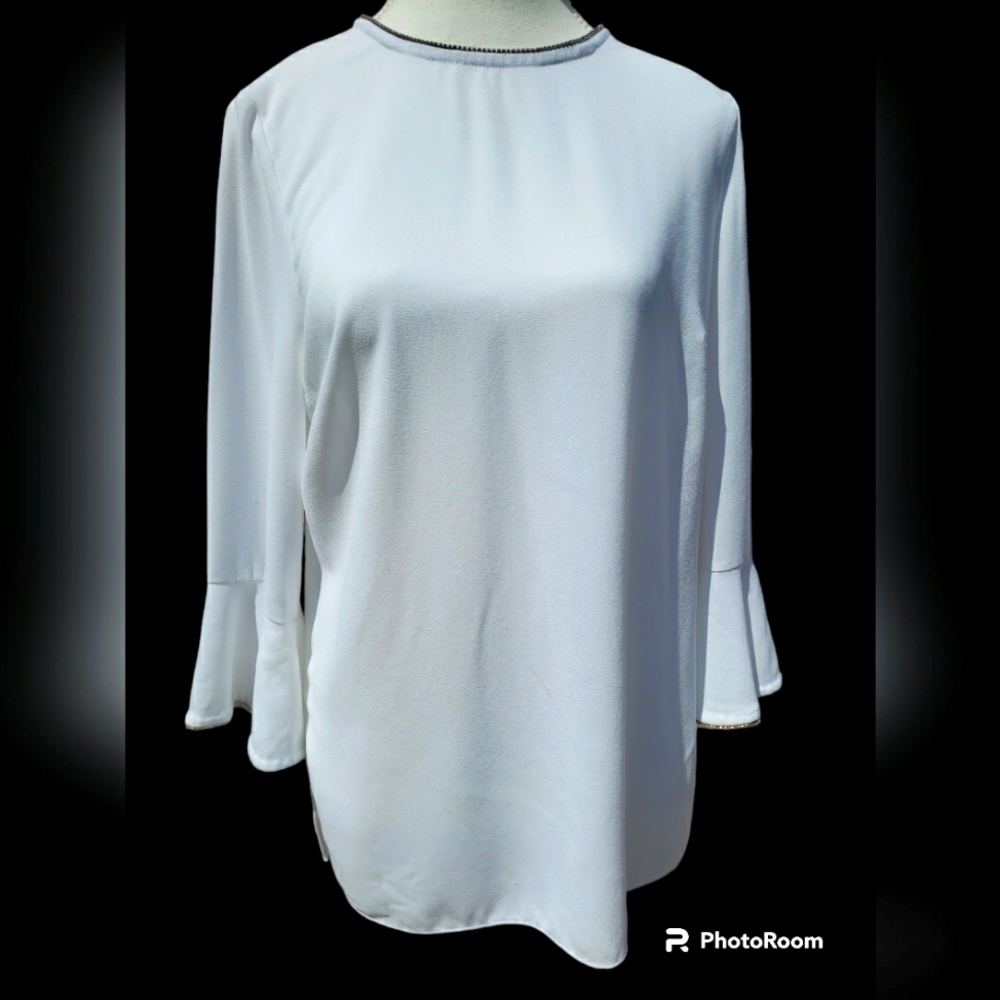 Zara Womens White Jewel Trimmed Top Shirt Ruffled Sleeves. Size M